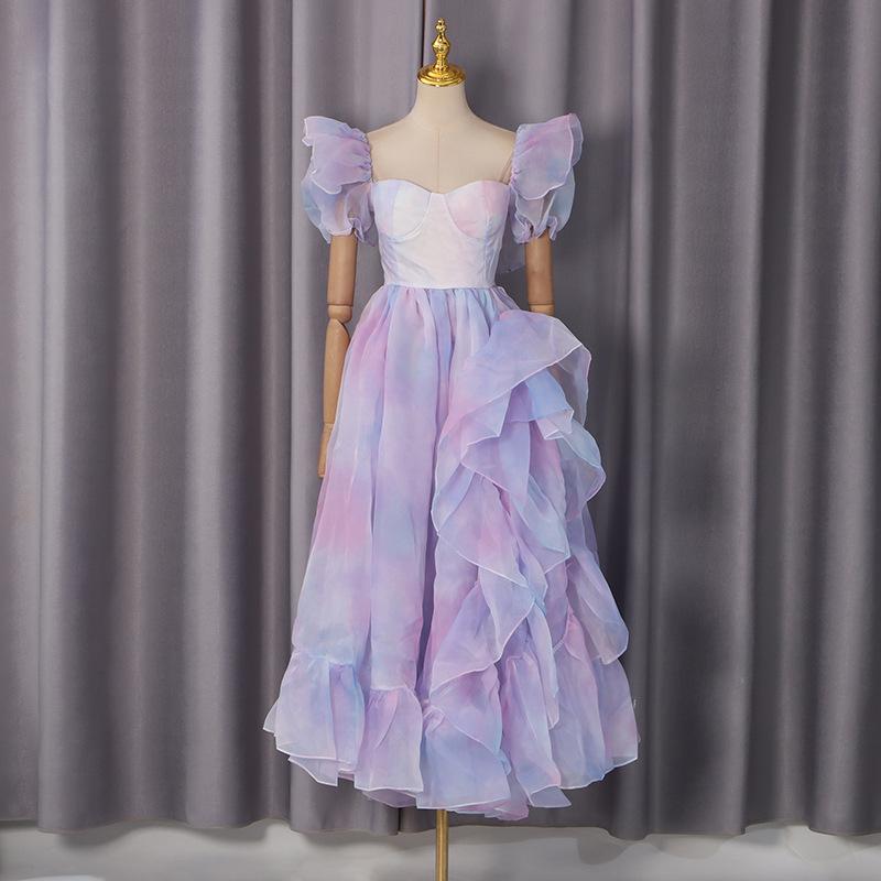 Elegant Retro Square Neck Flutter Sleeve Long Dress - High Waist, Slimming Design for Women (2026 Autumn Collection)