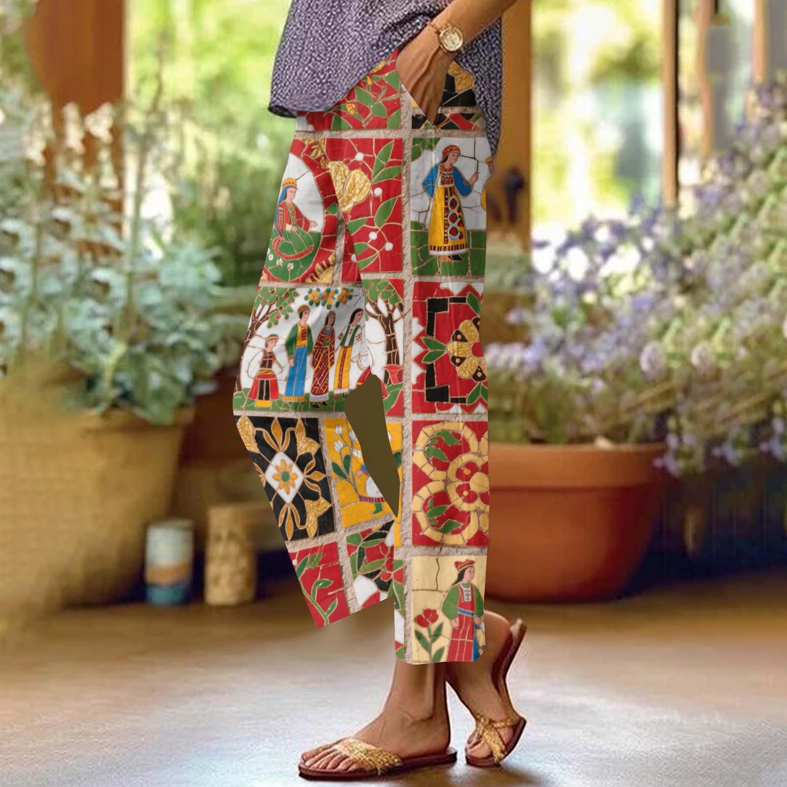 

Женские повседневные модные брюки прямого кроя с цветочным принтом и карманами XXL киноварь