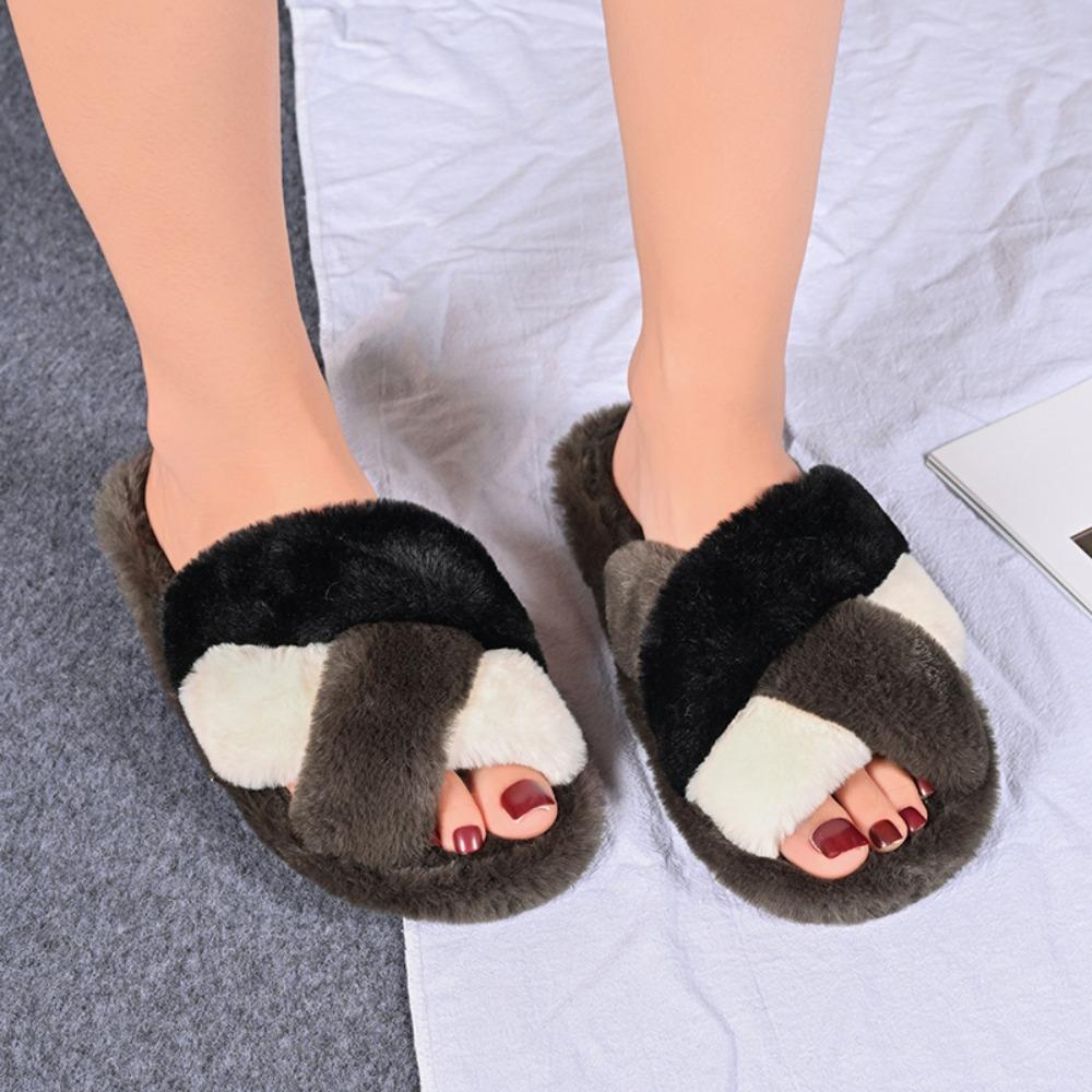 Fashion Cross Warm Fluffy Slippers Women Lightweight Flat Heels Slides Woman Autumn Winter Open Toe Comfortable Home Slippers