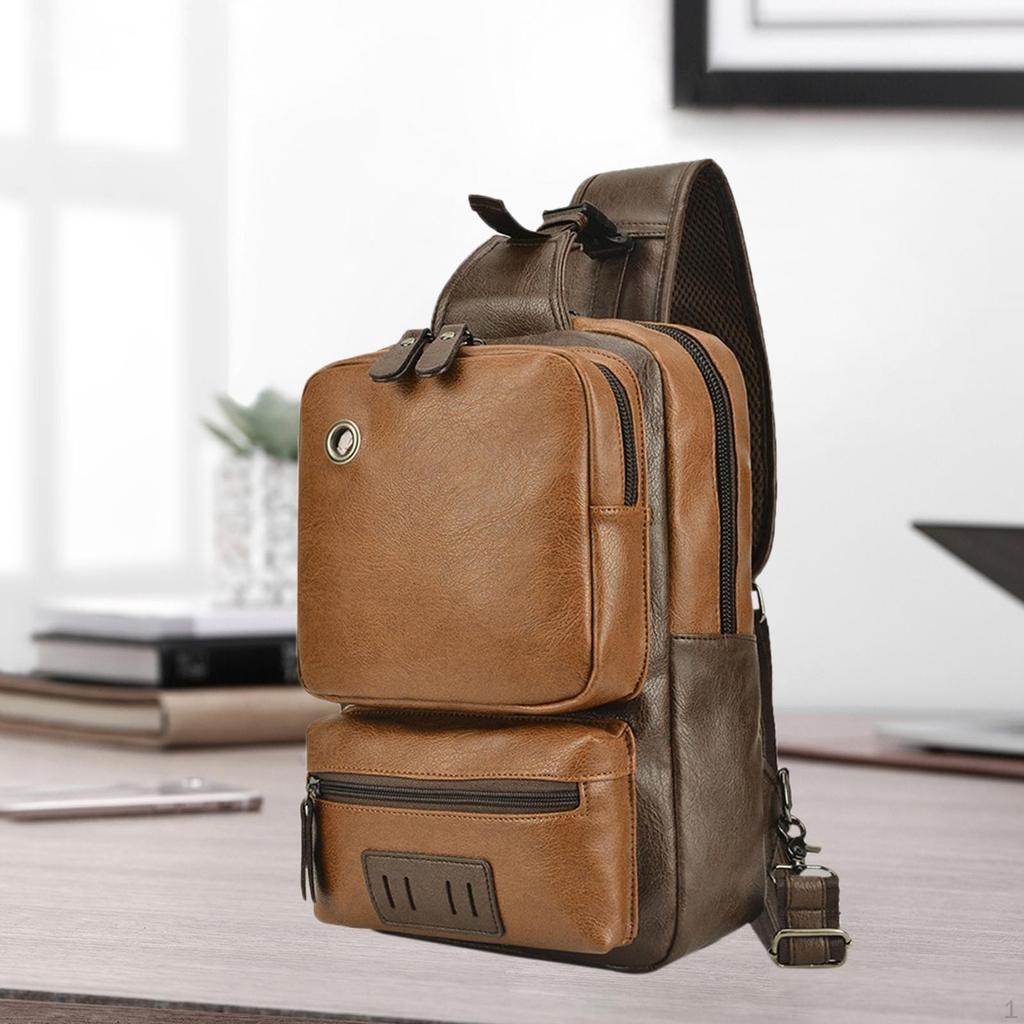 Man Bag PU Leather Backpack Mens Chest Crossbody Shoulder Daypack for Business Outdoor