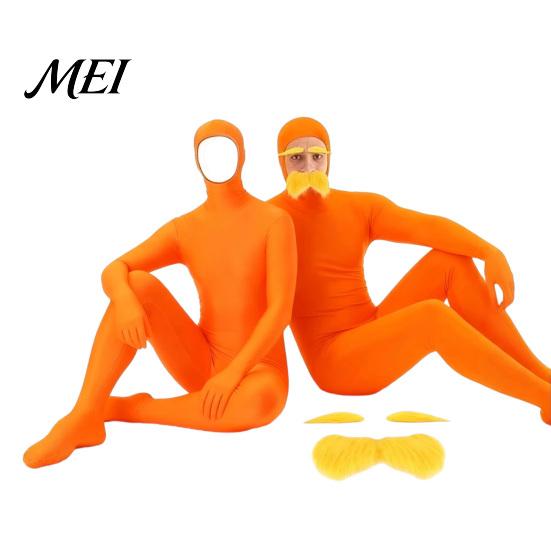 Soft Stretchy Bodysuit Face Open Halloween Costume, Unisex Full Body Orange with Beard Elastic Fabric Costume Eyebrows for Men Women, Adult