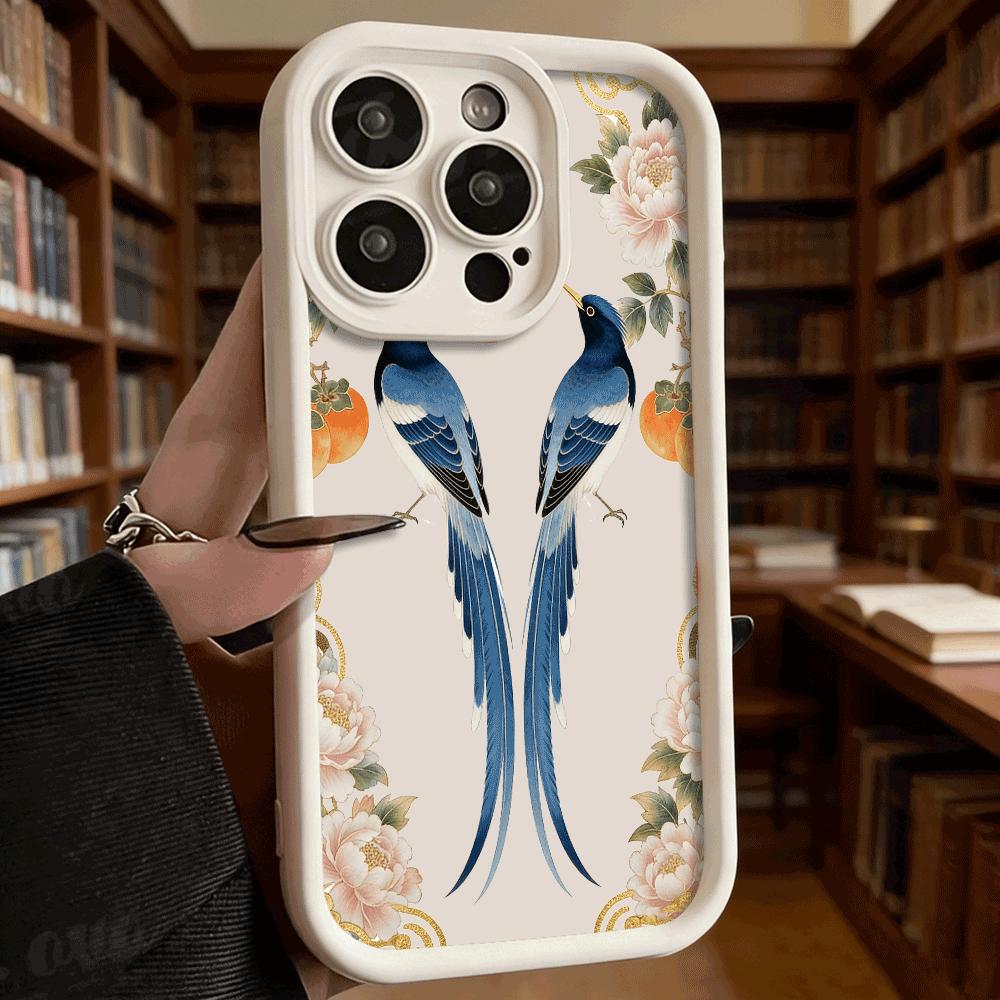 Blue Magpies Peonies Shockproof Soft Phone Case For Xiaomi Redmi Note 15 14 13 12 11 10 9 8 Pro Anti-Slip Anti-Fall Cover