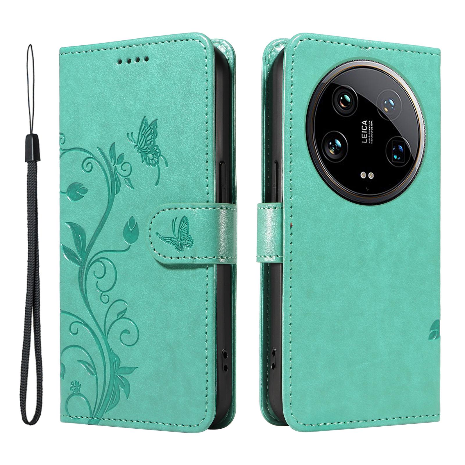 

For Xiaomi 14 Ultra PU Leather Cases Flower Pattern Wallet Stand Phone Cover with Strap Green