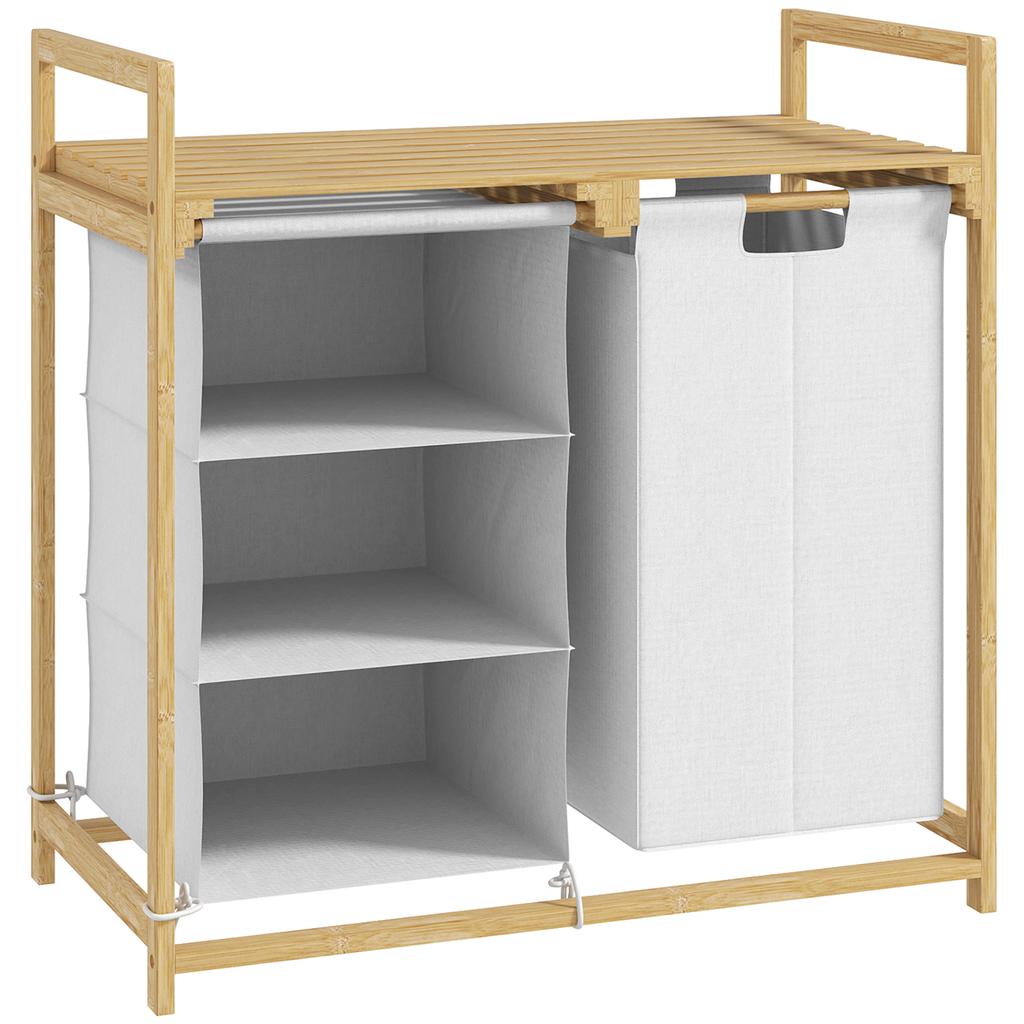 Laundry Basket with Laundry Bag, Fabric Drawer, Bamboo, 70x36x70 cm, White/Wood