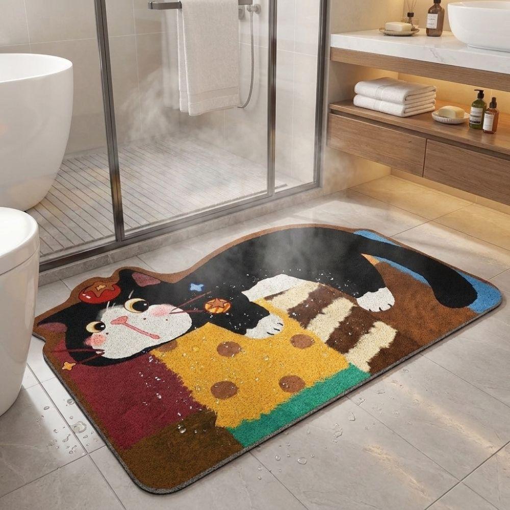Absorbent Bathroom Floor Mat Irregular Shaped Entryway Mat Cute Cartoon Cat Carpet Bathroom