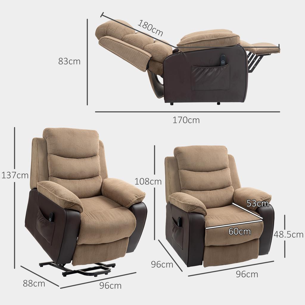 Overstuffed Corduroy Electric Lift Recliner Chair - Brown