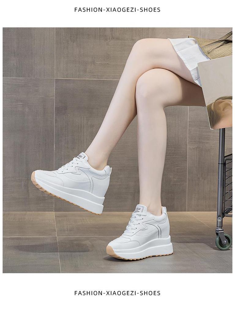 Women's 2025 Spring Height-Increasing White Sneakers - 10CM Thick Sole, Genuine Leather, Casual Sports Shoes