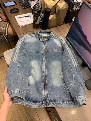 American Retro Stripe Denim Jacket - Women's Spring/Autumn Stand Collar Trend.