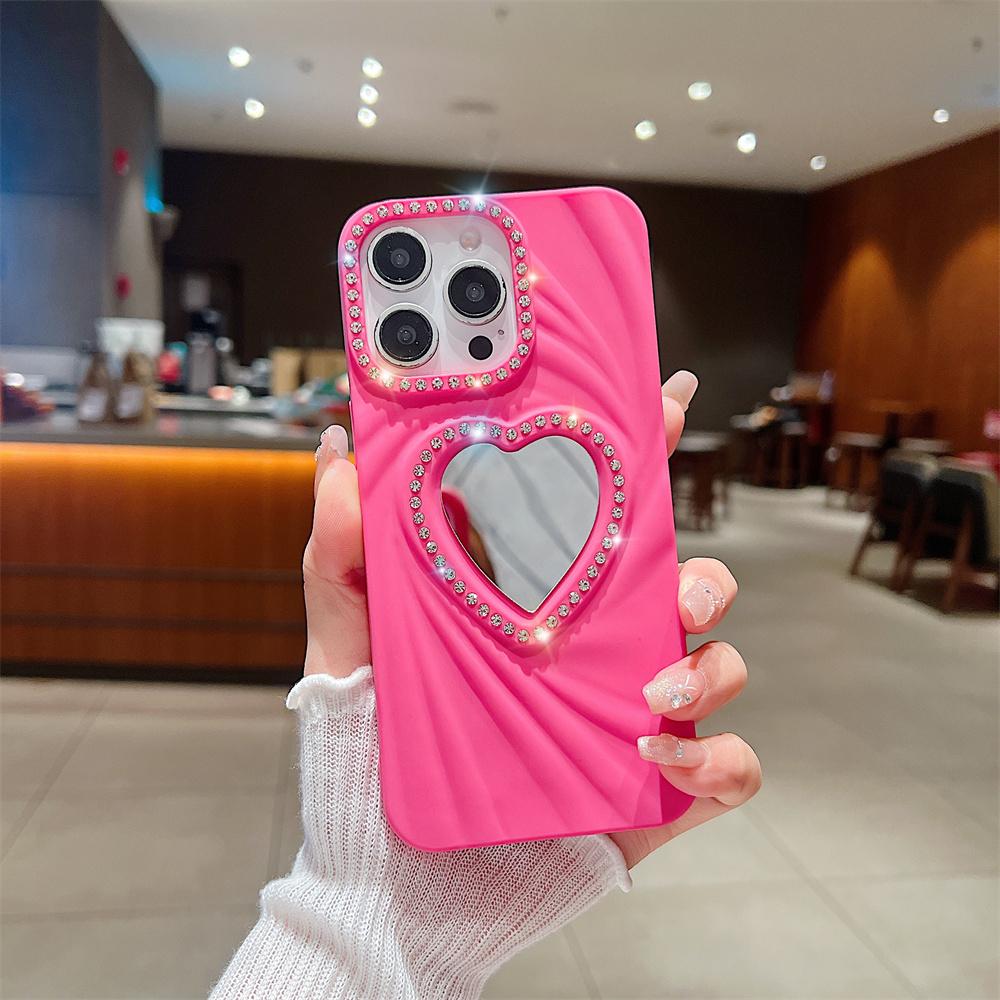Fashion Women Girls Phone Case For iPhone 16E 16 Pro Max 7 8 X XR XS 11 12 13 14 15 Plus Heart Makeup Mirror Glitter Frame Cover