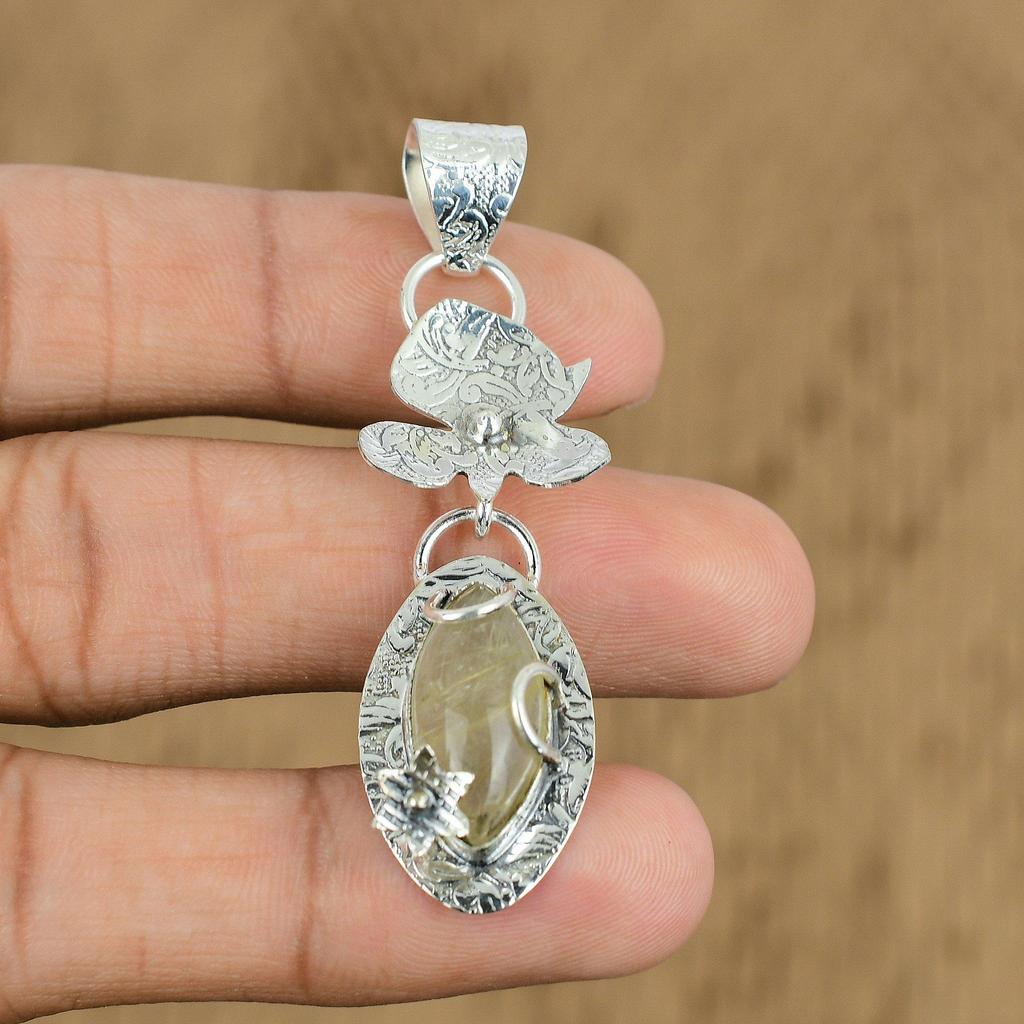 Womens Day Deal Golden Rutile Stone 925 Silver Engagement Mother Pendant Jewelry