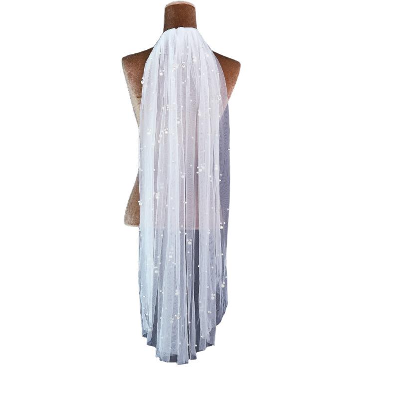 Einstufiger Tüll-Brautschleier mit Perlenbesatz und Metallkamm, 100 cm/200 cm lang, Weißer Hochzeitschleier für Braut, Elopement, Hochzeitsporträt, Fotoshooting