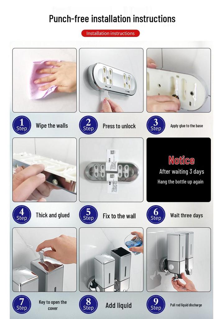 Wall-Mounted Dual Soap Dispenser with Double Hook for Bathroom & Kitchen