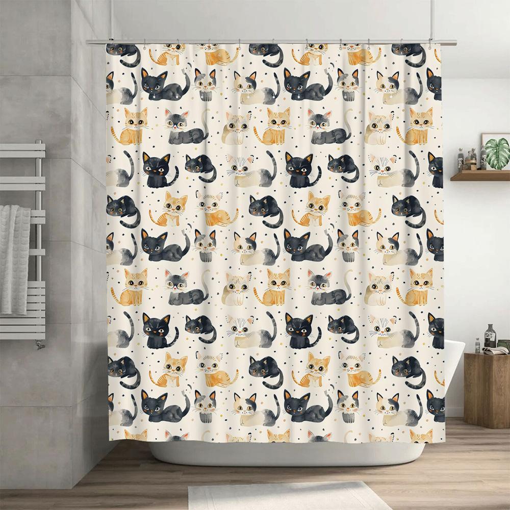 Watercolor Cat Shower Curtain Black White Gray Yellow Orange Grey Red Design Fabric Waterproof Bathroom Decor Custom Size Availa