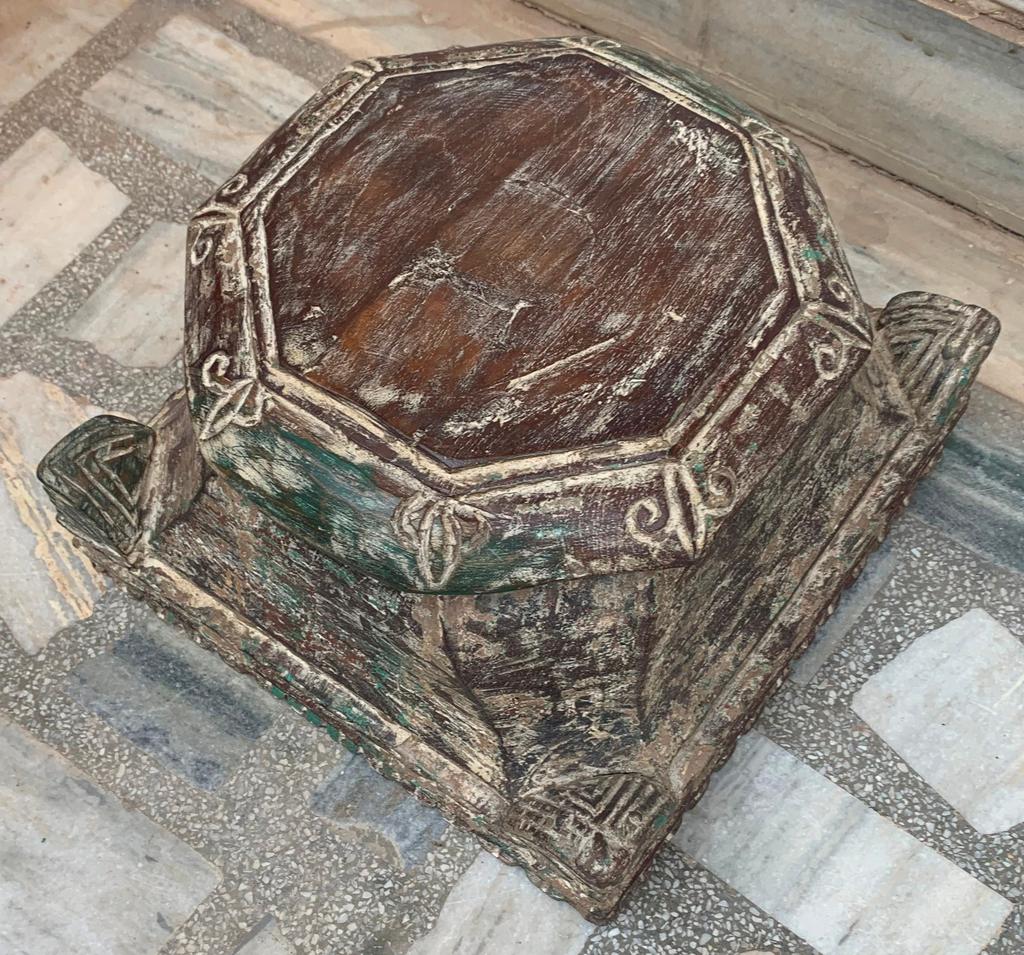 Indian Carved Wood Shelf Bracket: Antique Distressed Painted Panel