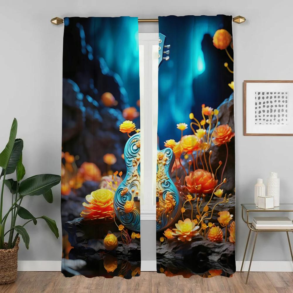 Antique Guitar Curtain Room Panel Curtains Bedroom Home Interior Halloween Decoration Shades Blinds Darkening Polyester Ideal For Master