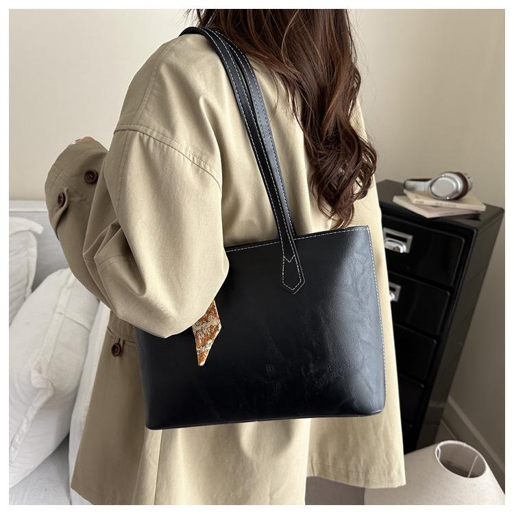 Retro Thread Design Women Pu Leather Shoulder Bags Large Capacity Ladies Work Tote Bag Elegant Scarf Female Handbags with Zipper