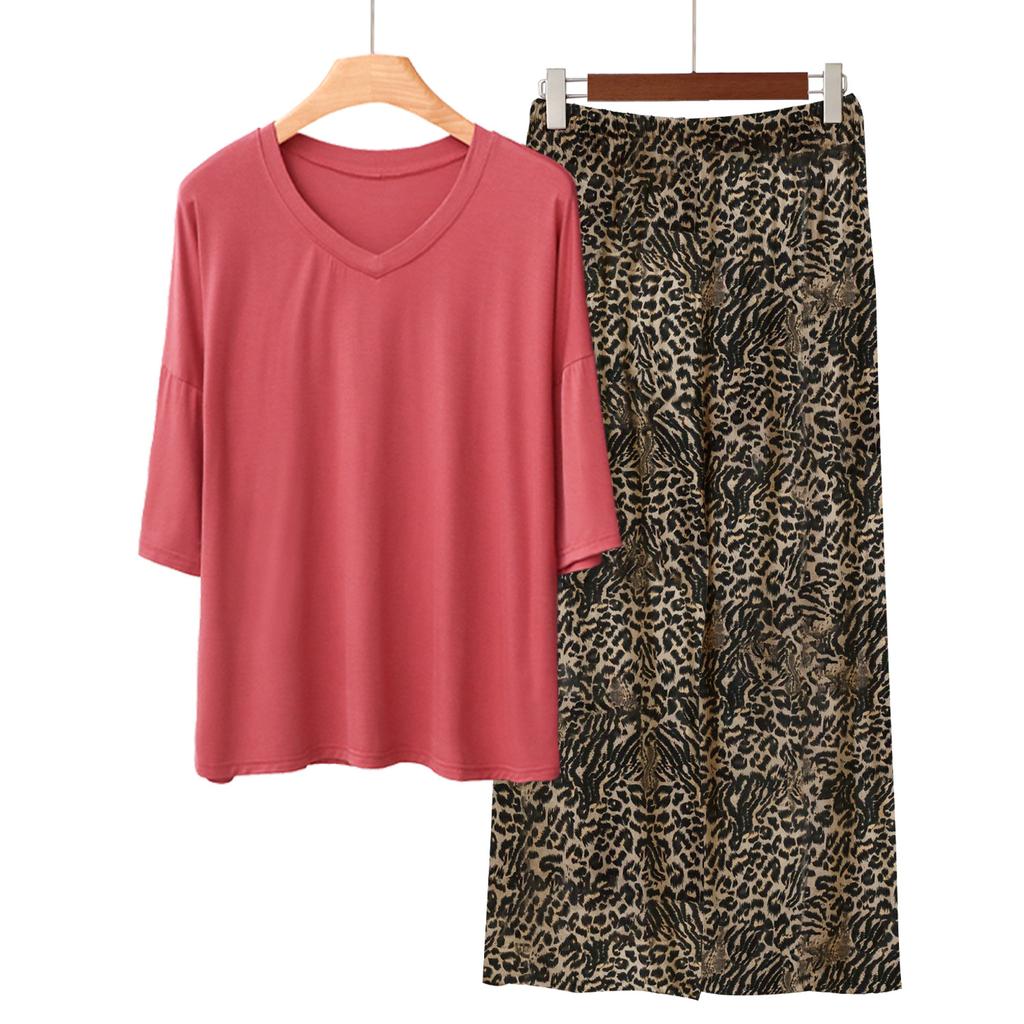 Pajamas Women's Spring and Summer New V-neck Short-sleeved Cotton and Linen Pants European and American Large-size Loungewear Two-piece Set