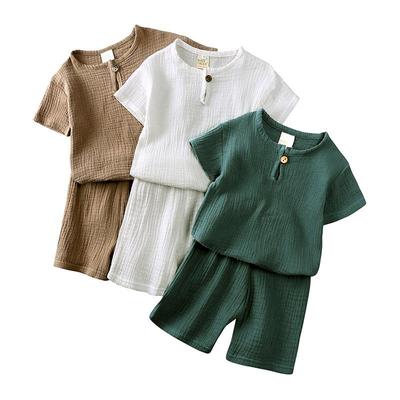 Sommer Einfaches Baumwollleinen Zweiteiliges Set: Atmungsaktives Kurzarm- und Shorts-Set für Jungen und Mädchen