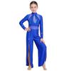 Kids Stage Performance Leotard Mock Neck Long Sleeve Sequins Rhinestone Mesh Patchwork Back Zip Split Wide Leg Jumpsuit for Lyrical Dance