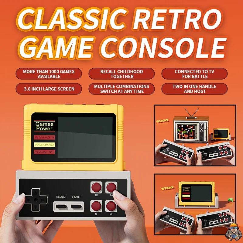 Retro Game Console 3'' Screen, Built-in 1000 Classic Games and 2 Wireless Controllers, Support TV Connection & Double Play, Handheld Cassette Game