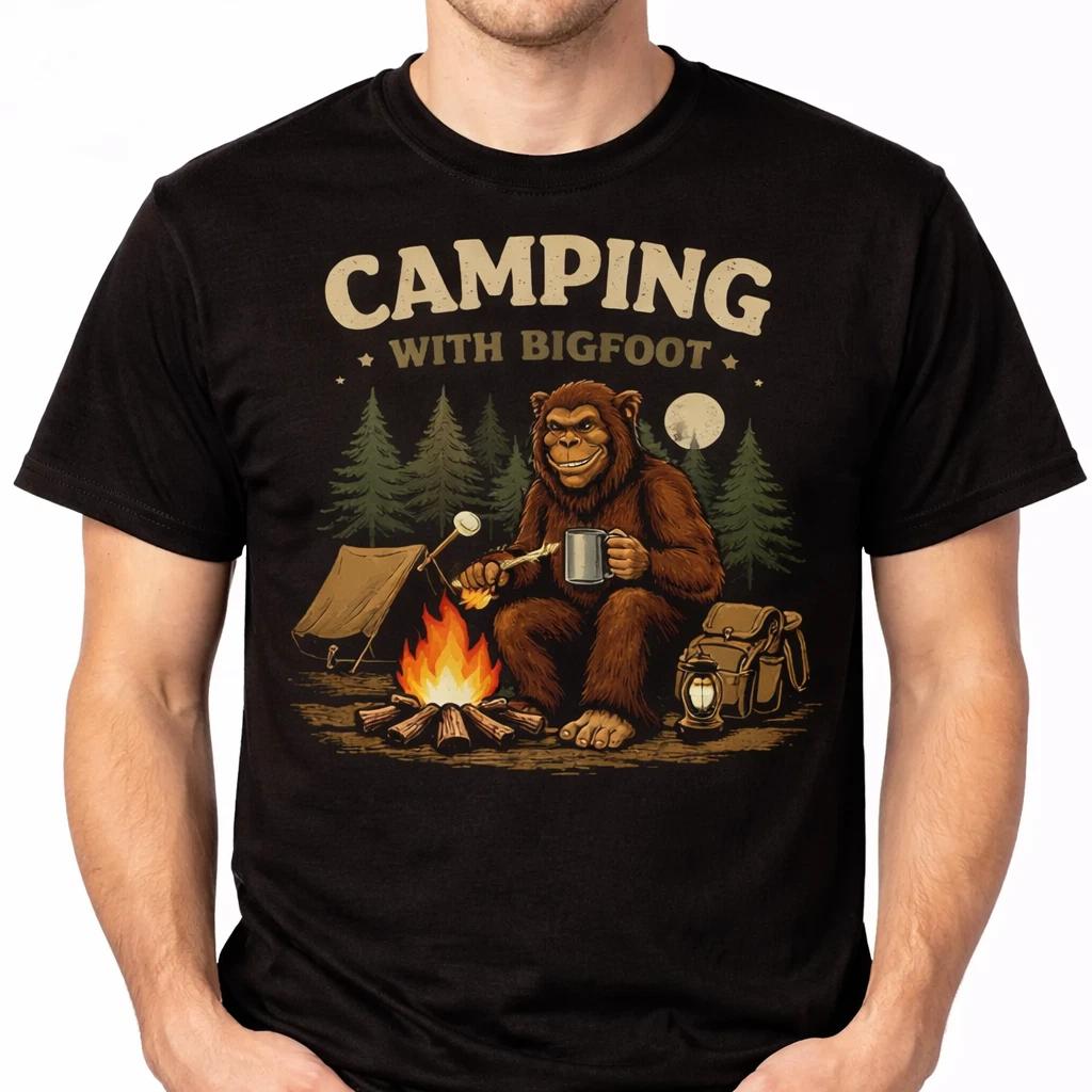 Funny Bigfoot Tee – Sasquatch Yeti in the Forest Camping Graphic Shirt XL