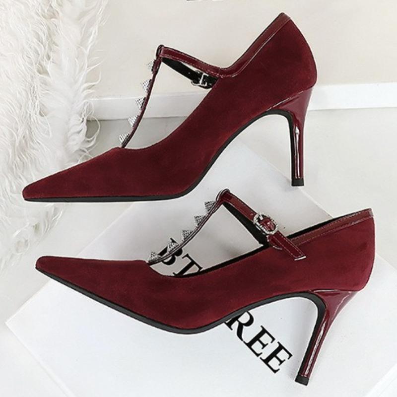 Fashion New Banquet Fashion Silver Rivet T-String High Heels for Women with Shallow Mouth Slim Heels Women's Shoes Super High Heels