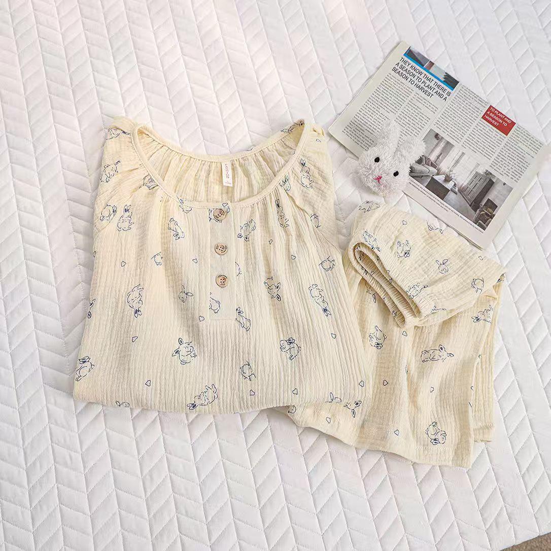 

Japanese crew neck little white rabbit pajamas women s summer new short-sleeved shorts set beautiful girl casual loungewear s [recommended weight 35-40kg]