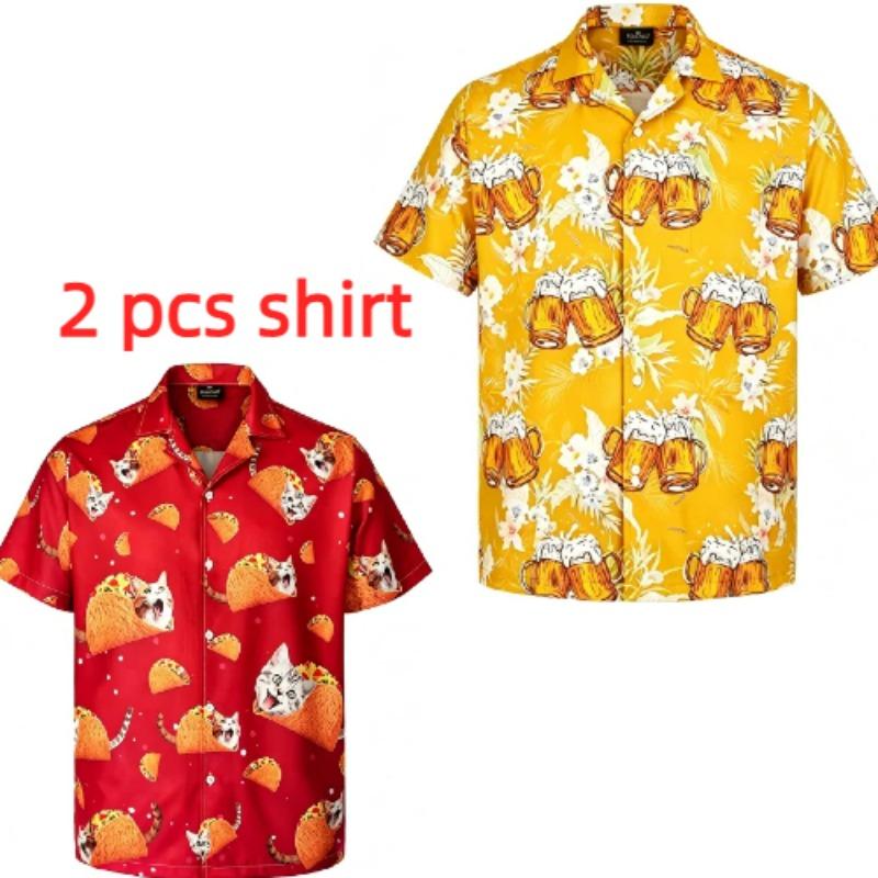 Summer Fashion Beer Hamburger Cat Printing Shirt Hawaiian Beach Vacation Clothing Men's Street Style Shirt Daily Men's and Women's Shirt