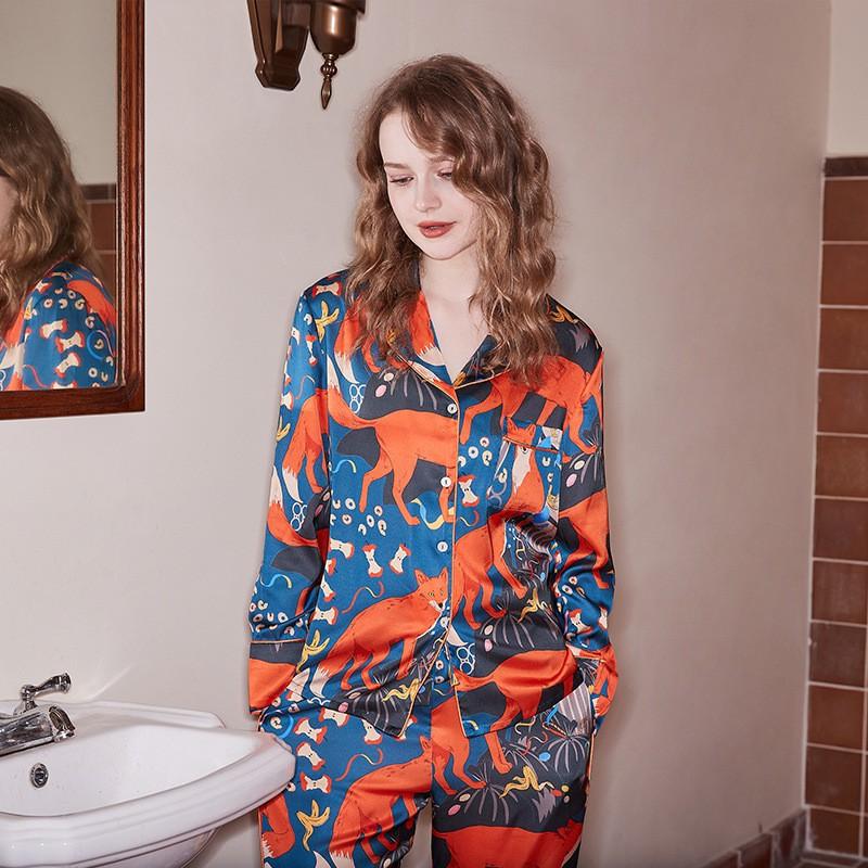 Womens Fox Camping Pajamas Thin Ice Silk Long Sleeve Loungewear Set