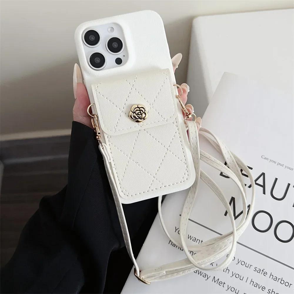 Crossbody Lanyard Phone Case for IPhone 16 Pro Max 15 14 Plus 13 12 11 XS XR X Card Holder Wallet Shockproof PU Leather Cover