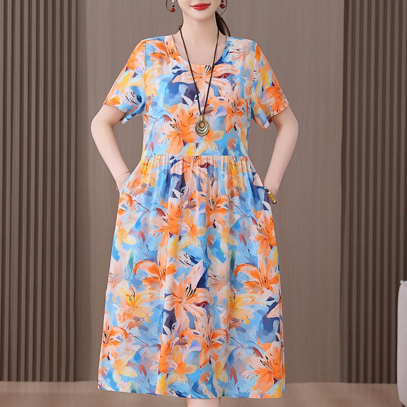 Plus Size Women's Summer Dress Elegant Loose Short Sleeve Long Dress Female Vintage Clothes