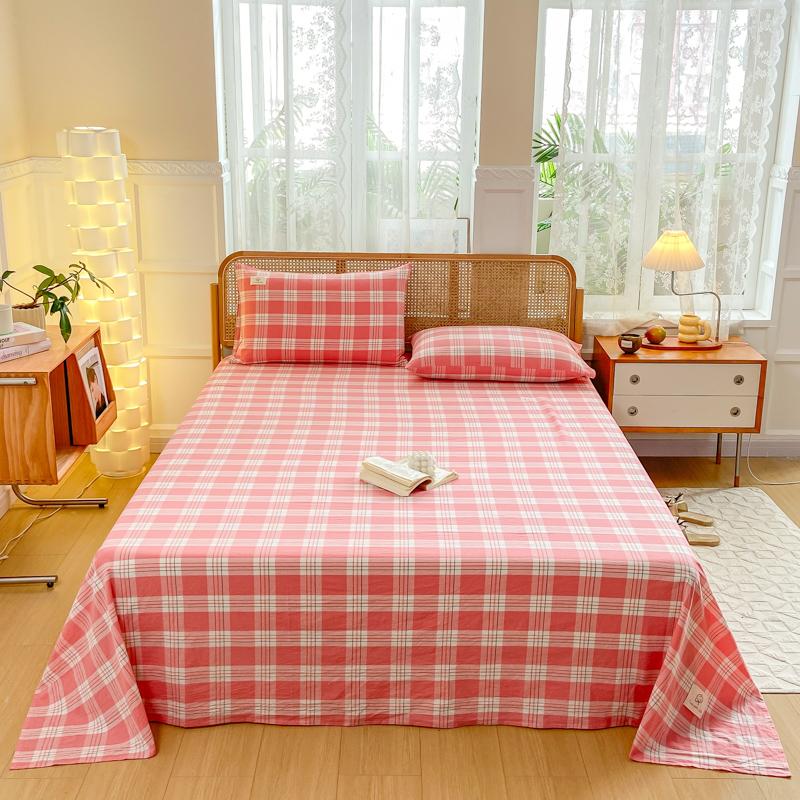 3Pcs 100% Cotton Simple Plaid Pattern Bed Sheet Set Skin-friendly Comfortable Geometric Printed Flat Sheet with Pillowcases