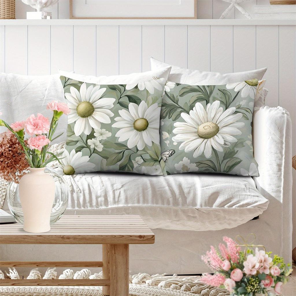 Soft Sage Daisy Pillowcase: Watercolor Botanical-Themed Cushion Cover For Cottage Core Home Sofa Decor