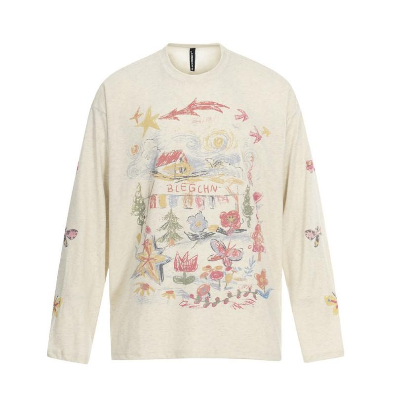 Mens Loose Fit Long Sleeve T-Shirt With Graffiti Print Casual Streetwear Tee