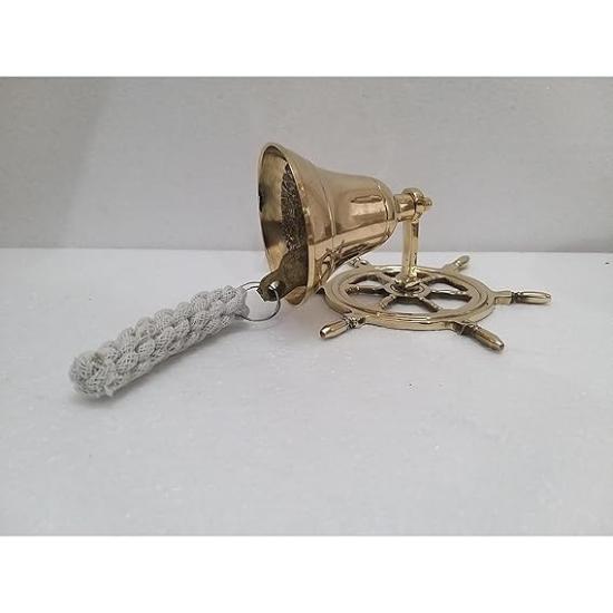 Antique Solid Brass Ship Wheel Bell Wall Mountable Hanging Ship Wheel Bell