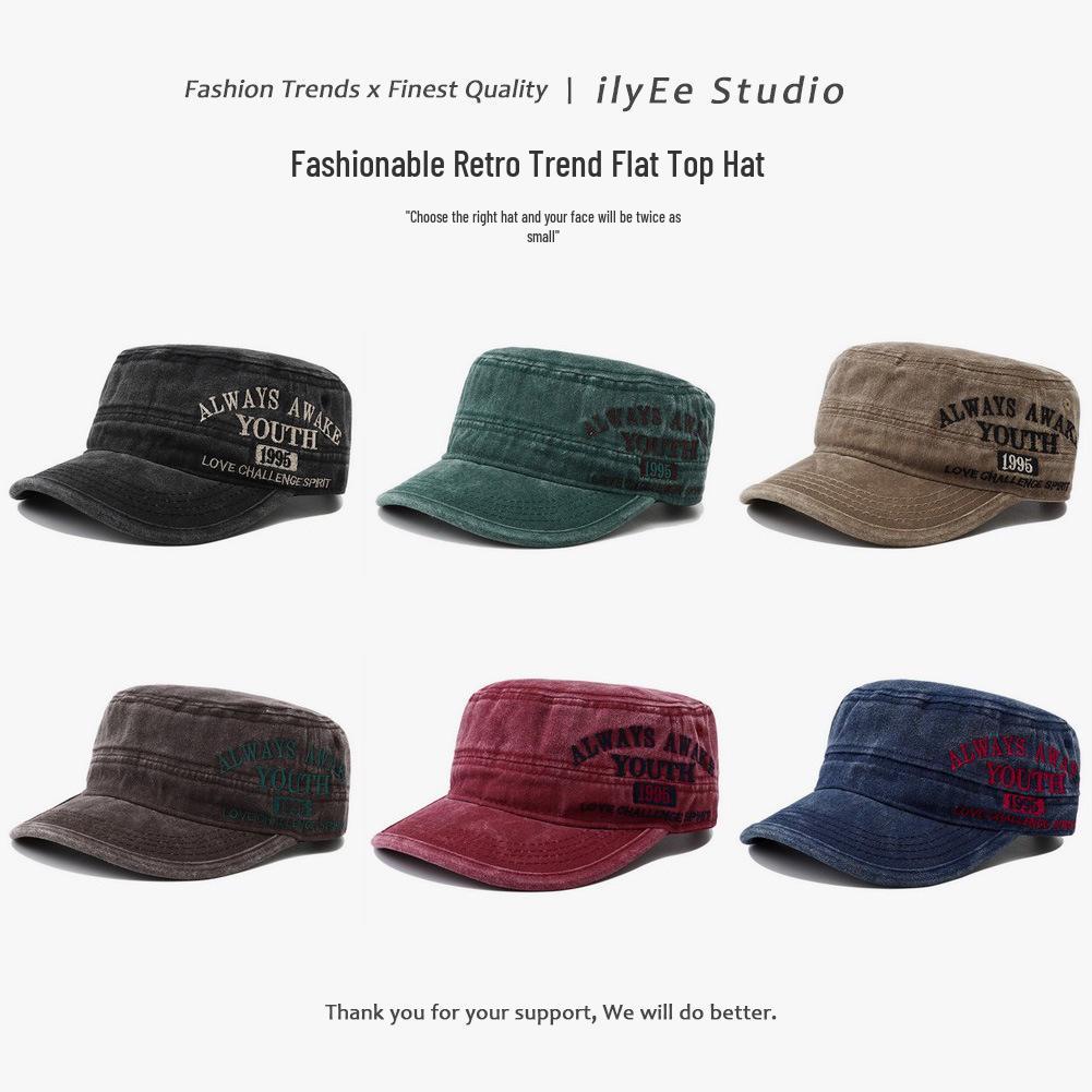 Spring/Summer Washed Cotton Curved Brim Baseball Cap with Letter Embroidery - Unisex Flat-Top Military Style