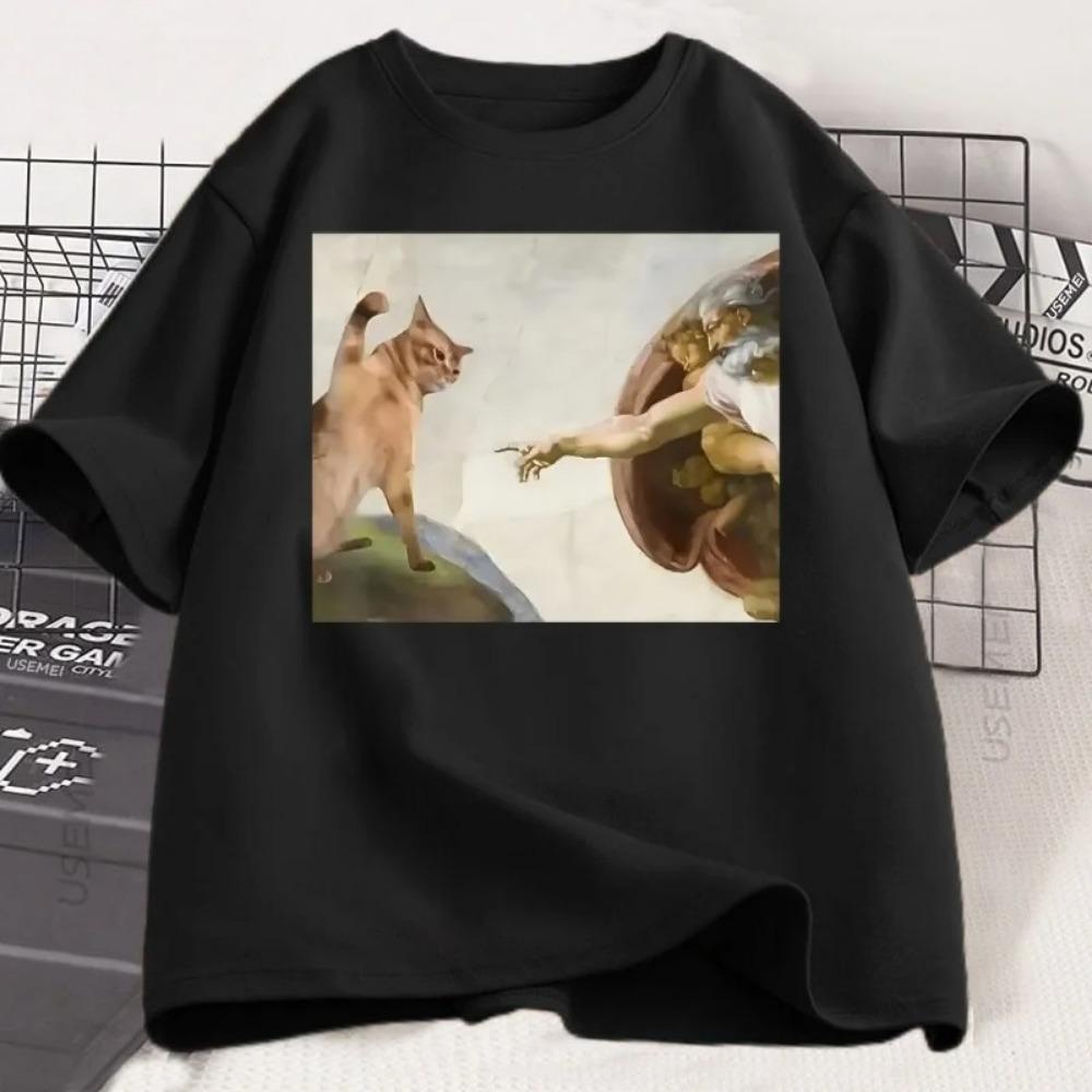 Funny Cat God Creation of Adam Meme T-Shirt Men Women Casuals Short Sleeve Jesus T Shirt O-Neck Tshirt Vintage Tees Harajuku M