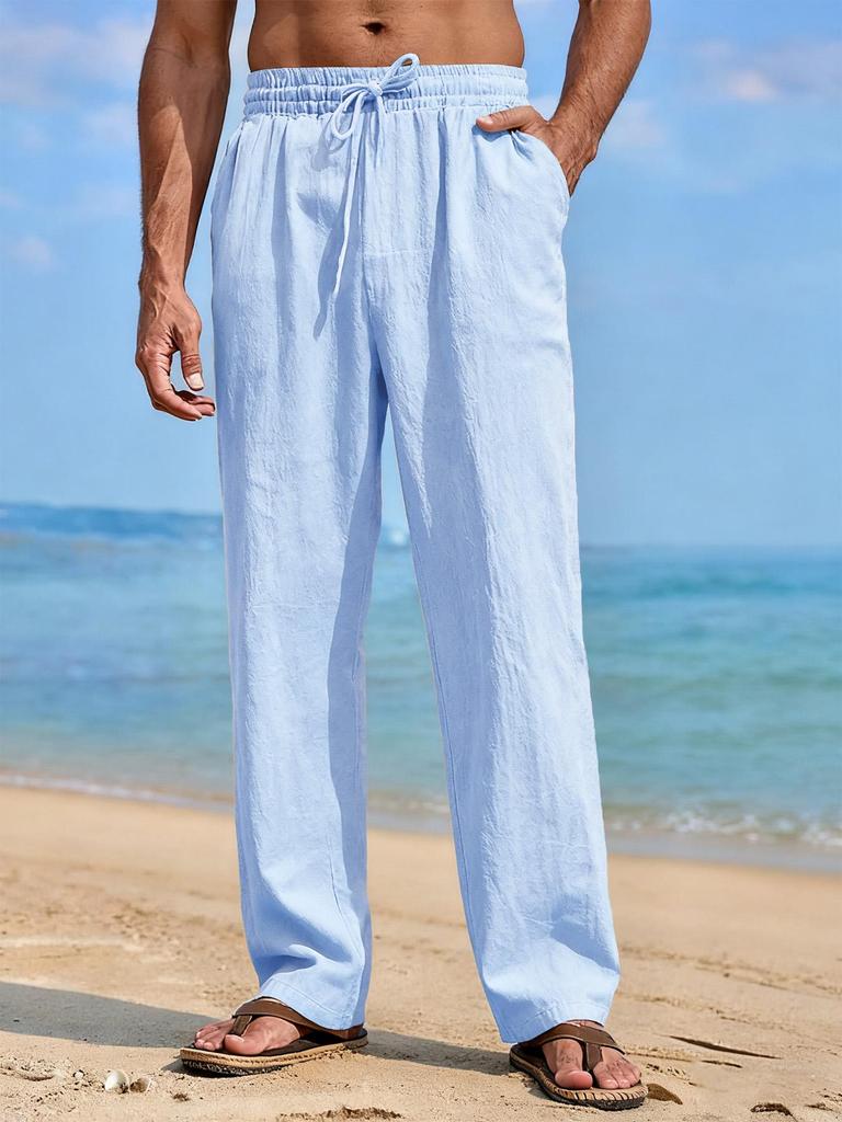 Pantaloni da Uomo Estivi in Misto Lino Gamba Dritta Leggeri Traspiranti da Spiaggia Casual con Vita Elastica e Coulisse per Comfort Tutto il Giorno