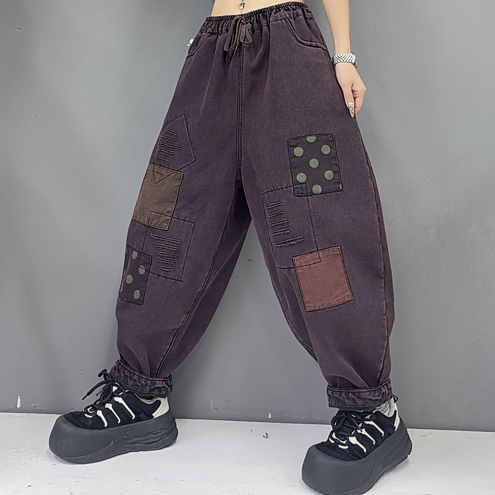 

Джинсы пэчворк в стиле ретро, гаремного кроя, вываренные, облегающие, повседневные, свободные, больших размеров, на кулиске M