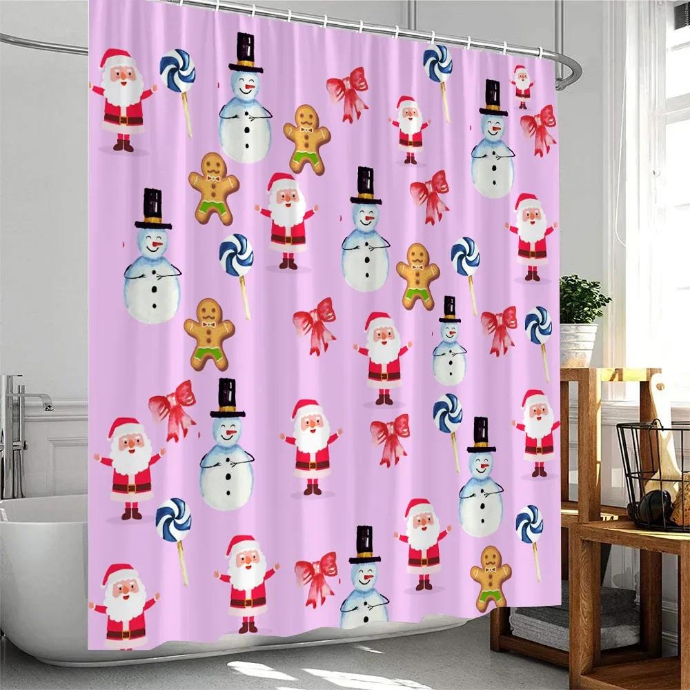 Christmas Cartoon Shower Curtain Santa Claus Xmas Tree Elk Snowflake Merry Christmas Bathtub Decor Polyester Fabric Bath Curtain