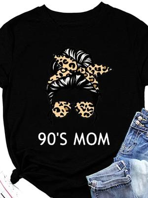 90'LAR ANNE Leopar Kurukafa Baskılı Kadın Tişört Kısa Kollu O Yaka Bol Kadın Tişörtü Bayan Tişört Üstler Camisetas Mujer