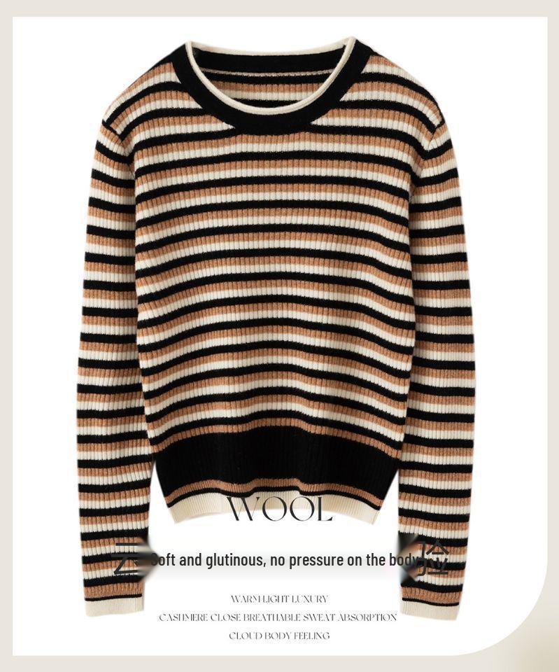 Women's 2025 Color-Block Striped Knit Sweater: Round Neck, Slim Fit, Warm Wool for Autumn/Winter