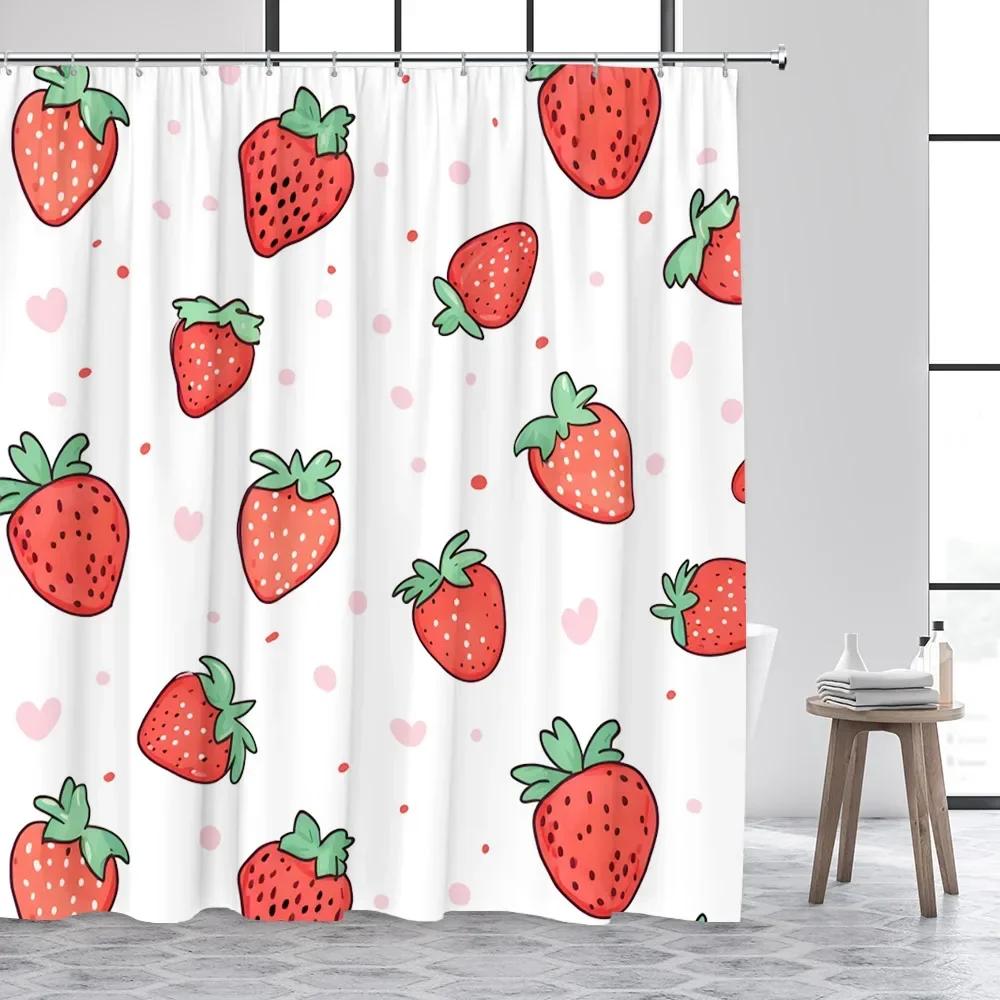 Tropical Fruits Shower Curtains Red Strawberry Lemon Pineapple Blueberry Cherry Bath Curtain Polyester Bathroom Decor with Hoo