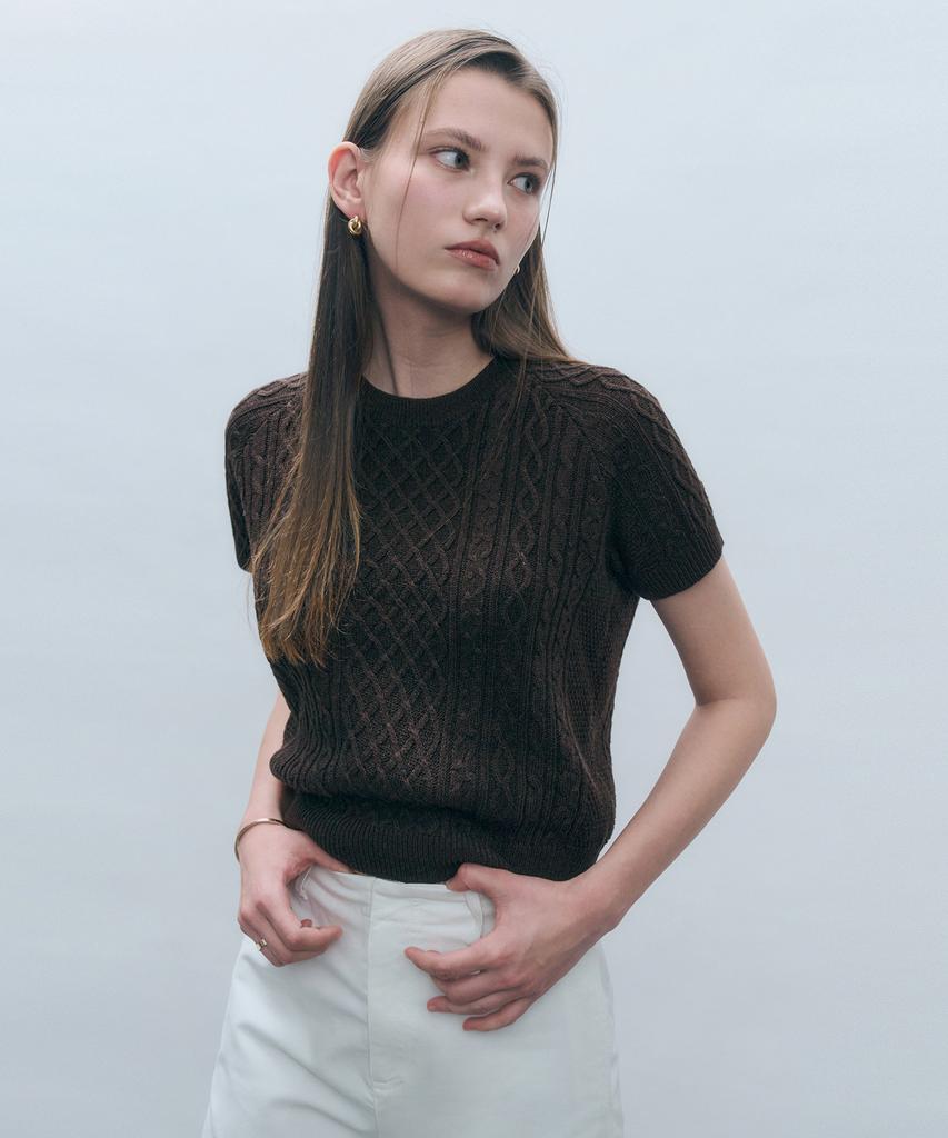 MONGDOL [From Italy] Cable Round Neck Short Sleeve Knit Top Mdkt100_5 Colors