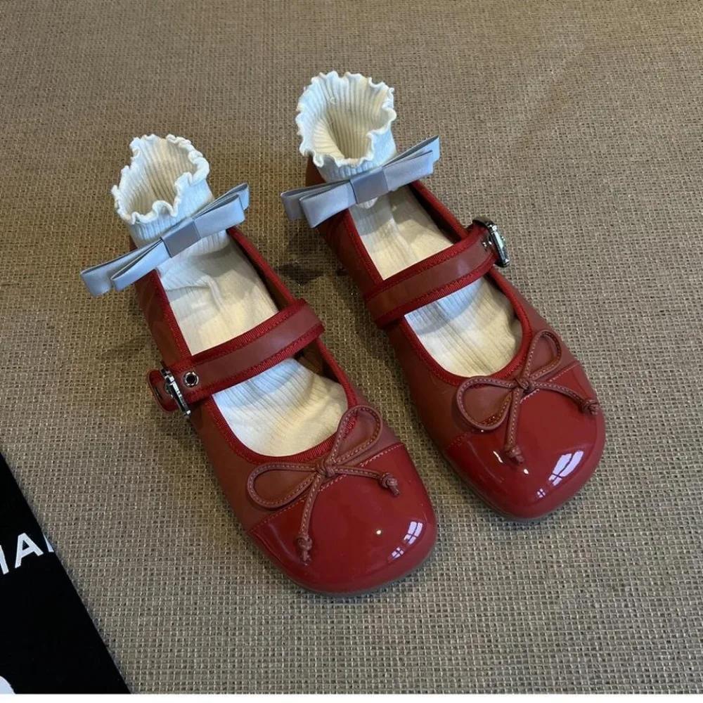 Fashion French Retro All-match One-word Buckle Mary Jane Shoes Women's 2025 Spring and Autumn New Bow Flat Shoes Casual Single Shoes