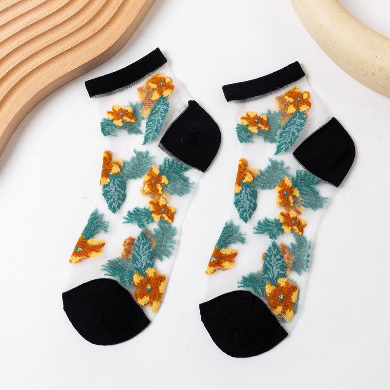 Floral Short Socks for Women In Summer Thin Design with Floral and Leaf Patterns Low Cut and Shallow Mouth Crystal Silk Glass Stockings
