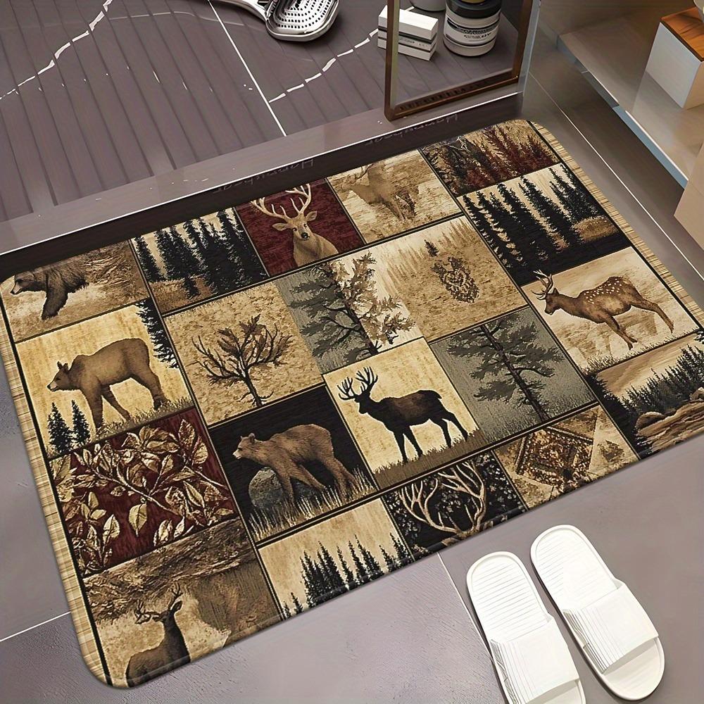 Retro Deer Forest Scene Entrance Doormat Non Slip Washable Bath Rug Rustic Nature Design Indoor Outdoor Floor Carpet 1PC