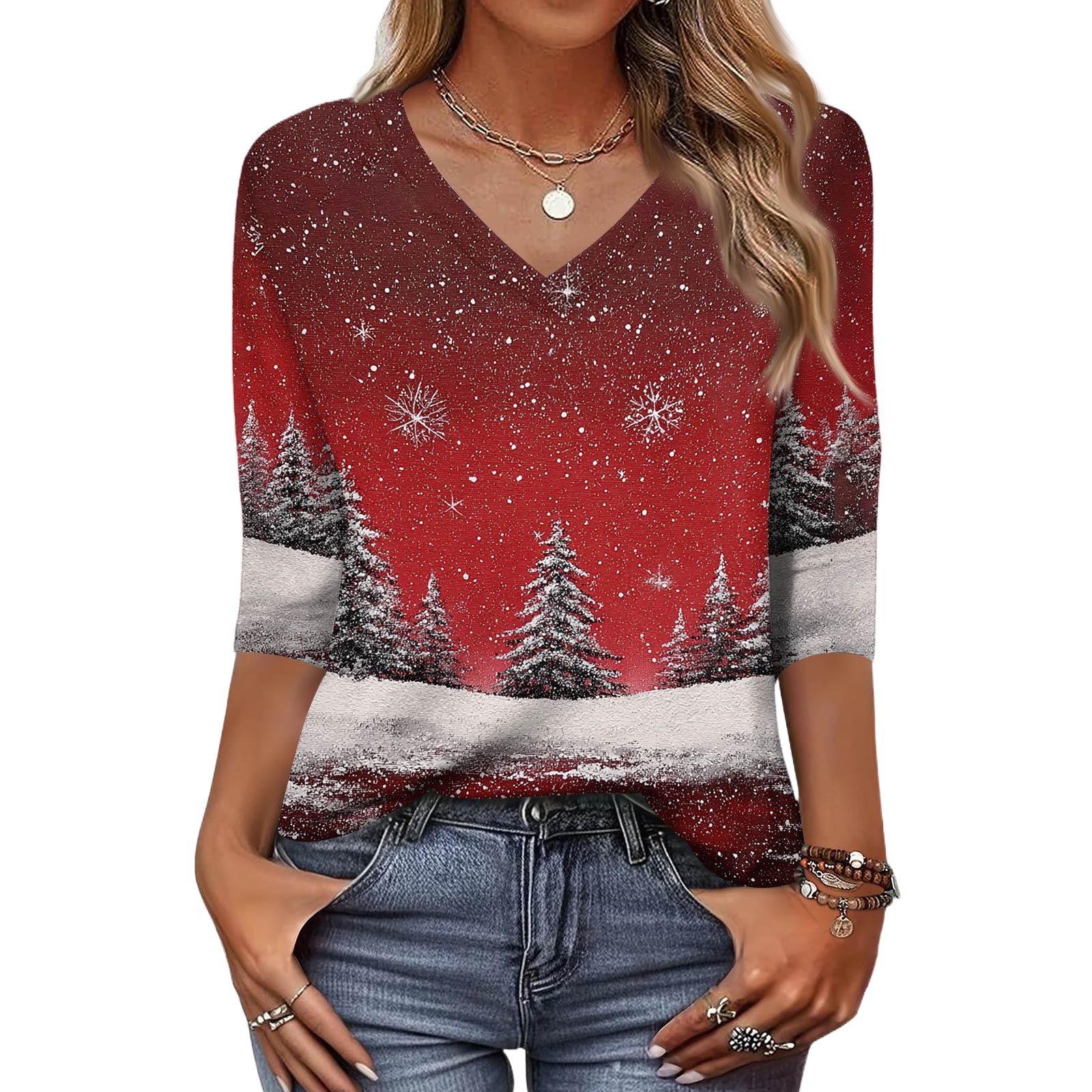 

Trendy Vintage 3/4 Sleeve Top For Women,Ladies Casual Three Quarter Sleeve V-neck Printed T-Shirt Blouse XXL червоний