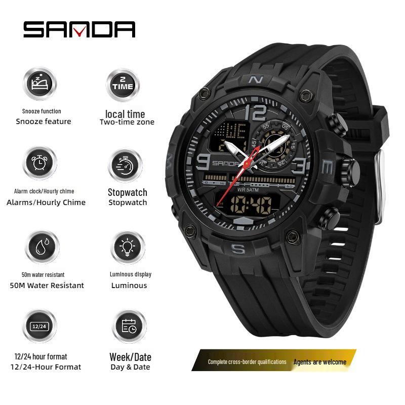 Sanda Men's Multifunctional Waterproof Sports Watch with Dual Display and Snooze Alarm