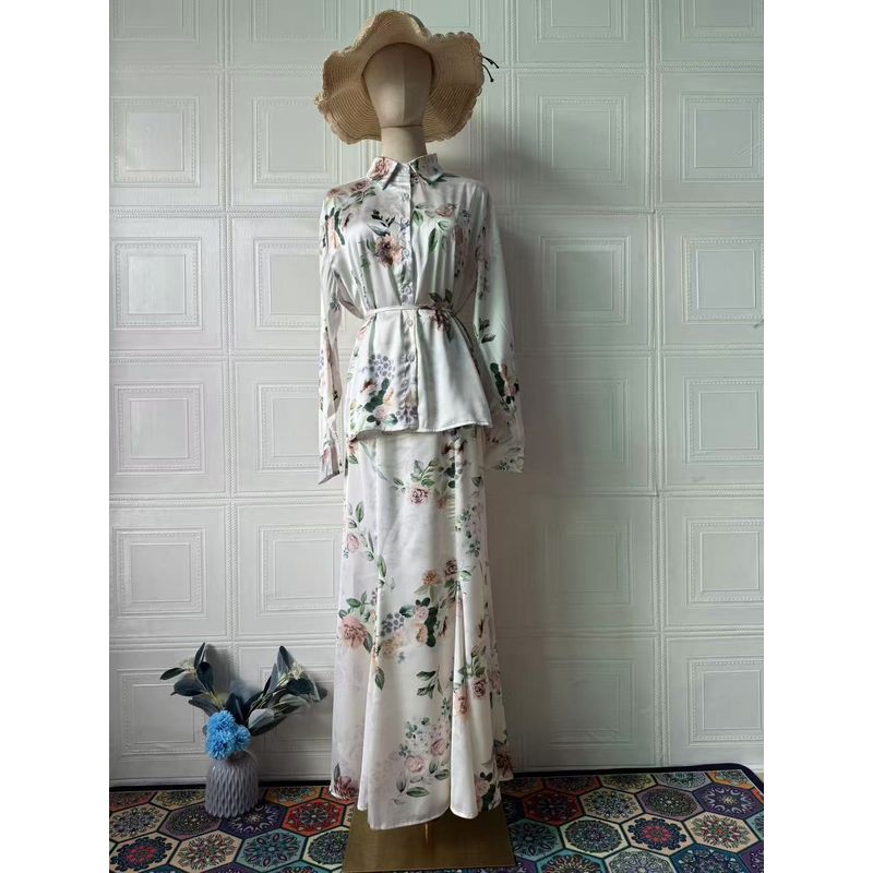 

Fashion Wind Fashion Print Shoelace Shirt Skirt Suit Printed Shirt and Skirt Set Yellow flower L